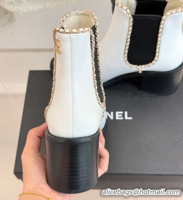 Popular Style Chanel Calfskin Leather Heel Ankle Boots 5cm with Chain White CH110402 1104028