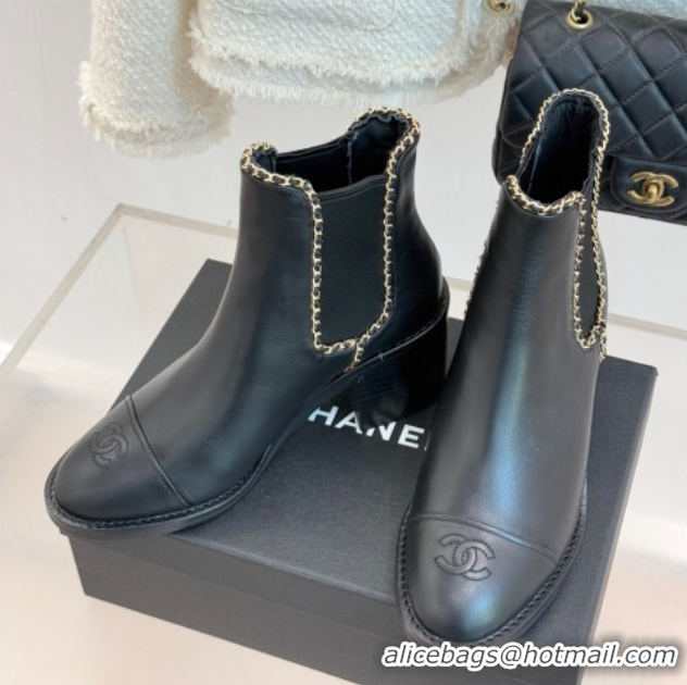 Cheap Price Chanel Calfskin Leather Heel Ankle Boots 5cm with Chain Black 2025 CH110402 1104029