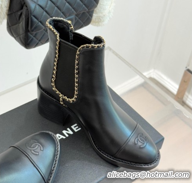 Cheap Price Chanel Calfskin Leather Heel Ankle Boots 5cm with Chain Black 2025 CH110402 1104029