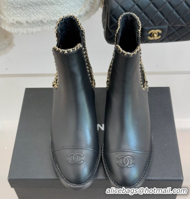 Cheap Price Chanel Calfskin Leather Heel Ankle Boots 5cm with Chain Black 2025 CH110402 1104029