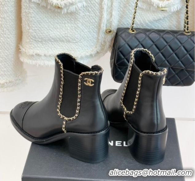 Cheap Price Chanel Calfskin Leather Heel Ankle Boots 5cm with Chain Black 2025 CH110402 1104029