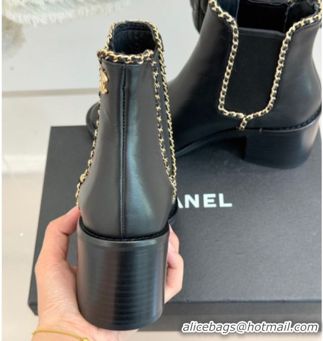 Cheap Price Chanel Calfskin Leather Heel Ankle Boots 5cm with Chain Black 2025 CH110402 1104029
