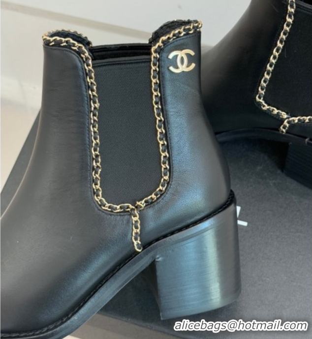 Cheap Price Chanel Calfskin Leather Heel Ankle Boots 5cm with Chain Black 2025 CH110402 1104029