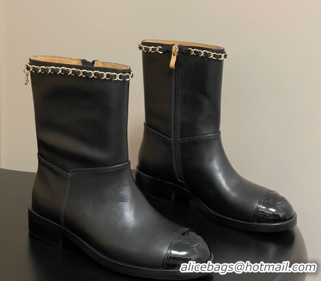 Good Quality Chanel Calfskin and Patent Leather Flat Ankle Boots 3.5cm with Chain Black CH110403 1104030