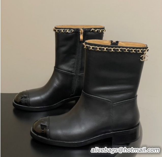 Good Quality Chanel Calfskin and Patent Leather Flat Ankle Boots 3.5cm with Chain Black CH110403 1104030