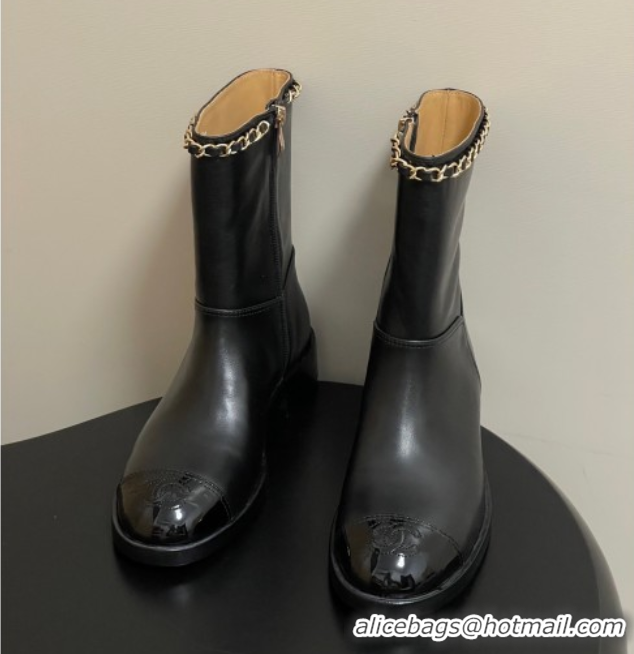 Good Quality Chanel Calfskin and Patent Leather Flat Ankle Boots 3.5cm with Chain Black CH110403 1104030