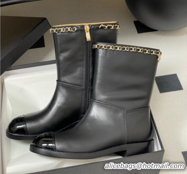 Good Quality Chanel Calfskin and Patent Leather Flat Ankle Boots 3.5cm with Chain Black CH110403 1104030