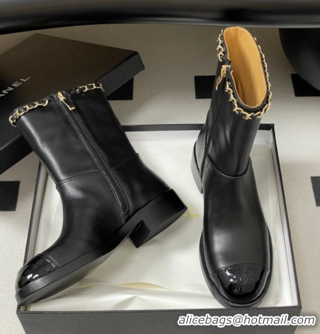 Good Quality Chanel Calfskin and Patent Leather Flat Ankle Boots 3.5cm with Chain Black CH110403 1104030