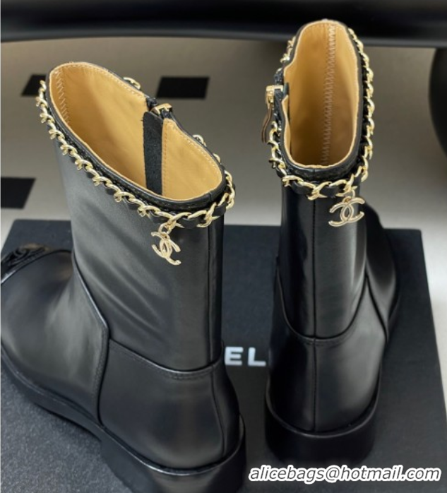 Good Quality Chanel Calfskin and Patent Leather Flat Ankle Boots 3.5cm with Chain Black CH110403 1104030