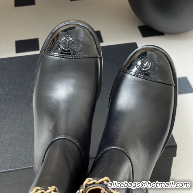 Good Quality Chanel Calfskin and Patent Leather Flat Ankle Boots 3.5cm with Chain Black CH110403 1104030
