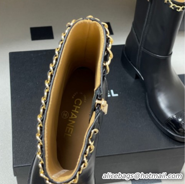 Good Quality Chanel Calfskin and Patent Leather Flat Ankle Boots 3.5cm with Chain Black CH110403 1104030