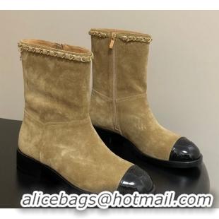 Luxury Chanel Suede and Patent Leather Flat Ankle Boots 3.5cm with Chain Beige CH110403 1104031