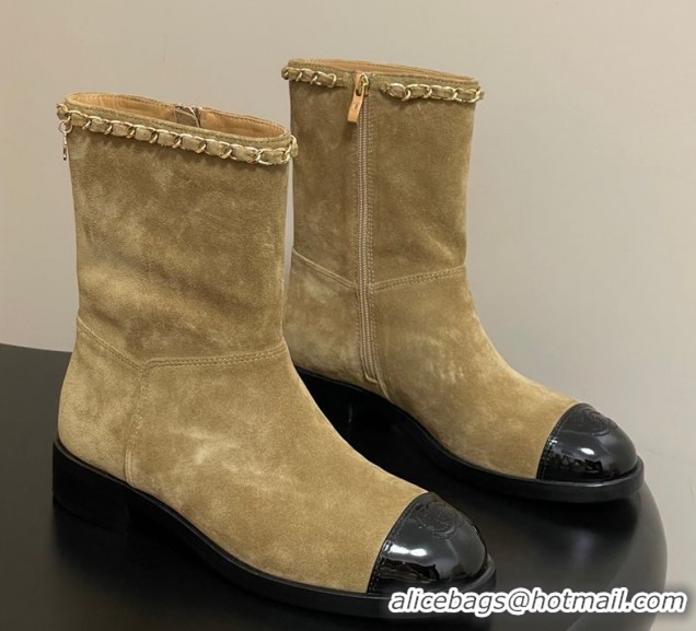 Luxury Chanel Suede and Patent Leather Flat Ankle Boots 3.5cm with Chain Beige CH110403 1104031