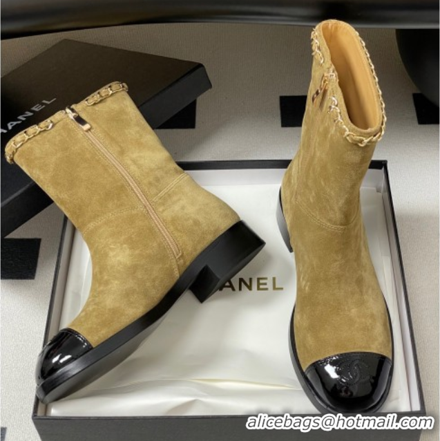 Luxury Chanel Suede and Patent Leather Flat Ankle Boots 3.5cm with Chain Beige CH110403 1104031