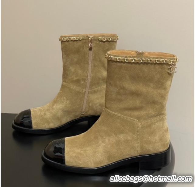 Luxury Chanel Suede and Patent Leather Flat Ankle Boots 3.5cm with Chain Beige CH110403 1104031