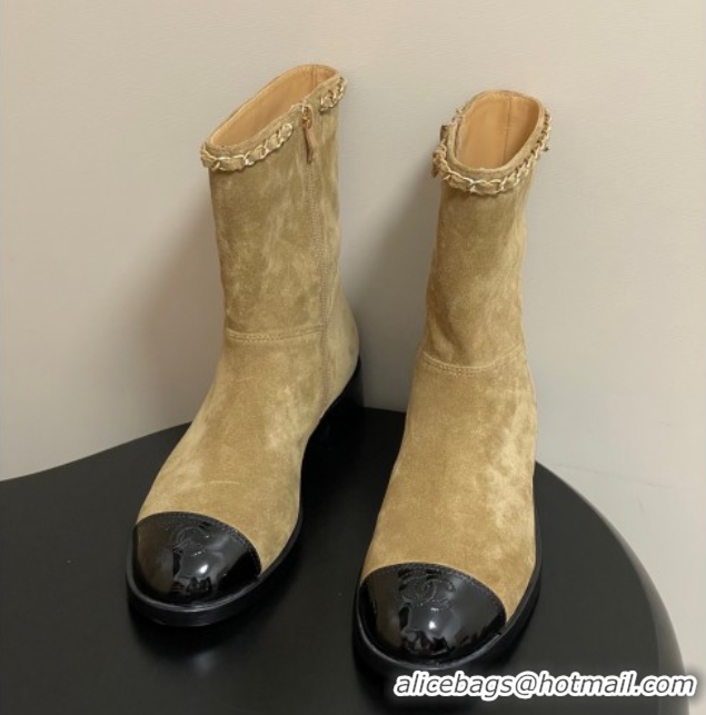 Luxury Chanel Suede and Patent Leather Flat Ankle Boots 3.5cm with Chain Beige CH110403 1104031