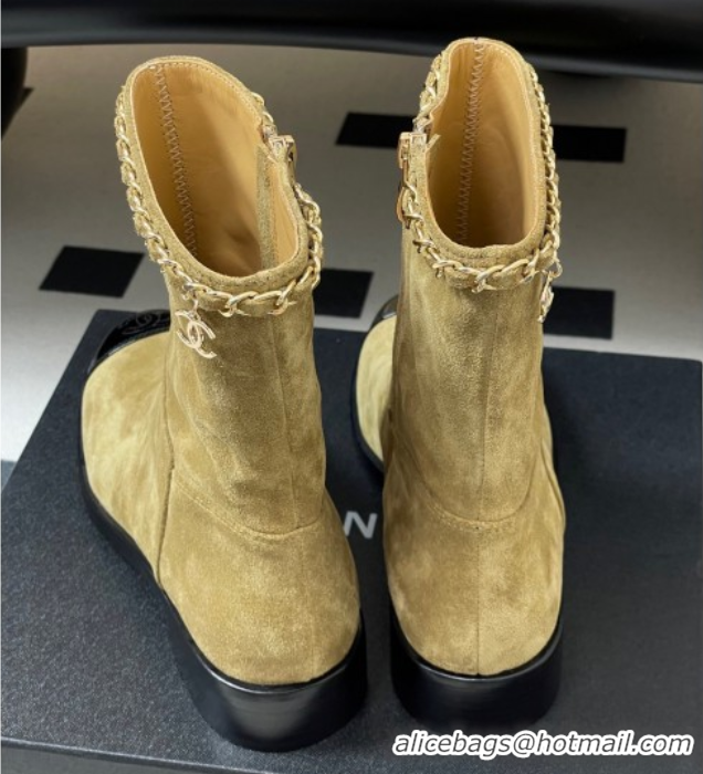 Luxury Chanel Suede and Patent Leather Flat Ankle Boots 3.5cm with Chain Beige CH110403 1104031