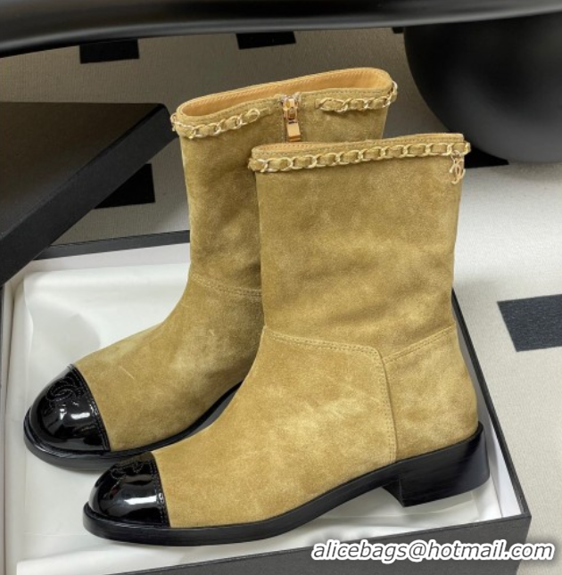 Luxury Chanel Suede and Patent Leather Flat Ankle Boots 3.5cm with Chain Beige CH110403 1104031