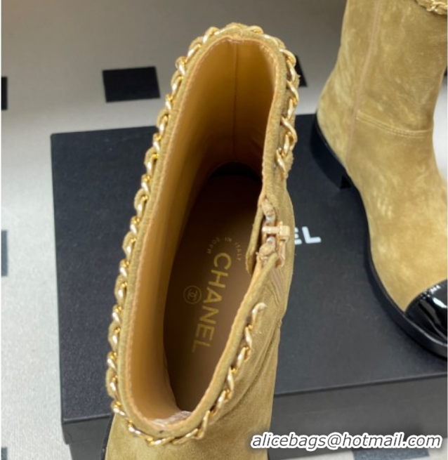 Luxury Chanel Suede and Patent Leather Flat Ankle Boots 3.5cm with Chain Beige CH110403 1104031