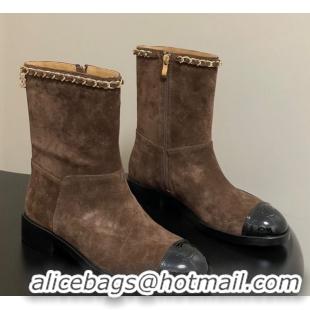 Charming Chanel Suede and Patent Leather Flat Ankle Boots 3.5cm with Chain Brown 2025 CH110403 1104032