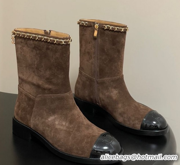 Charming Chanel Suede and Patent Leather Flat Ankle Boots 3.5cm with Chain Brown 2025 CH110403 1104032