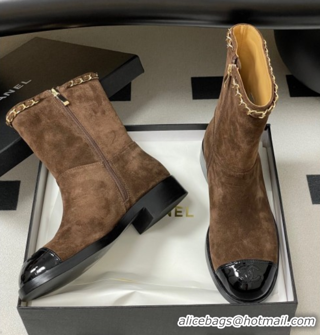 Charming Chanel Suede and Patent Leather Flat Ankle Boots 3.5cm with Chain Brown 2025 CH110403 1104032