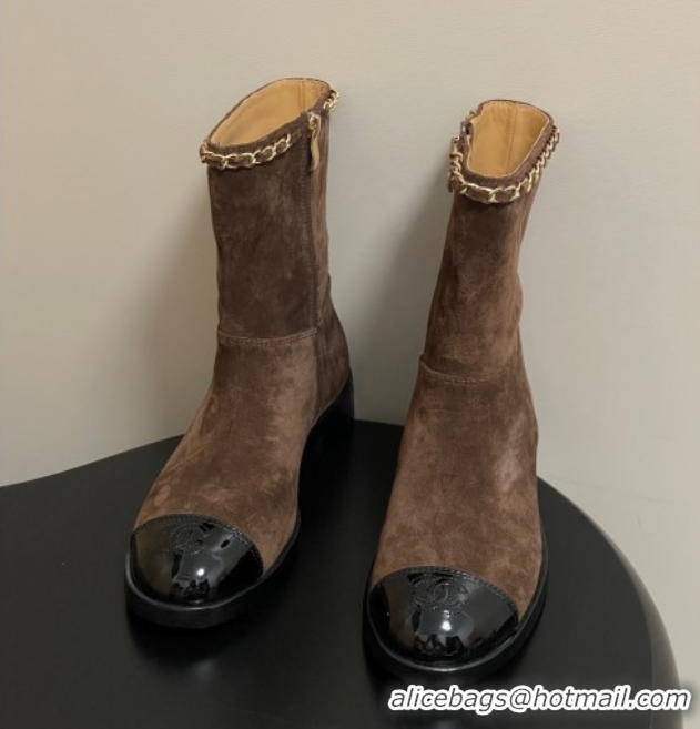 Charming Chanel Suede and Patent Leather Flat Ankle Boots 3.5cm with Chain Brown 2025 CH110403 1104032