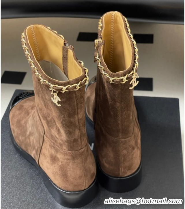 Charming Chanel Suede and Patent Leather Flat Ankle Boots 3.5cm with Chain Brown 2025 CH110403 1104032