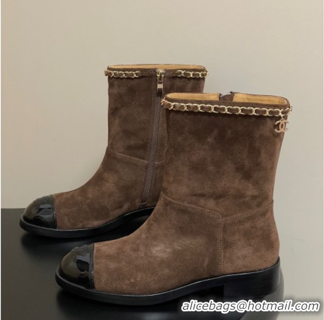 Charming Chanel Suede and Patent Leather Flat Ankle Boots 3.5cm with Chain Brown 2025 CH110403 1104032