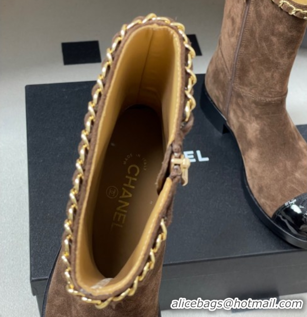 Charming Chanel Suede and Patent Leather Flat Ankle Boots 3.5cm with Chain Brown 2025 CH110403 1104032