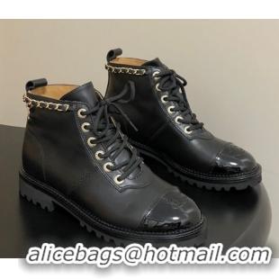 Luxury Cheap Chanel Calfskin and Patent Leather Laced-up Ankle Boots 3.5cm with Chain Black 2025 CH110404 1104033