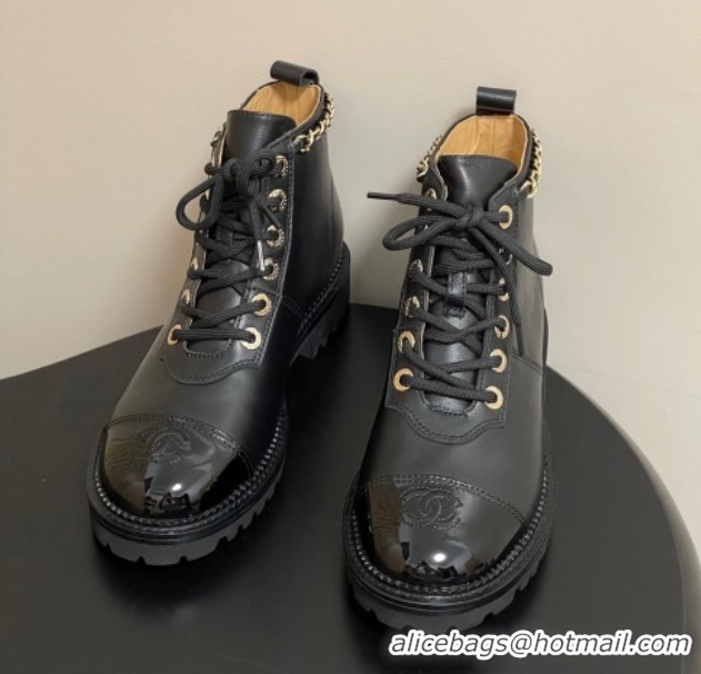 Luxury Cheap Chanel Calfskin and Patent Leather Laced-up Ankle Boots 3.5cm with Chain Black 2025 CH110404 1104033