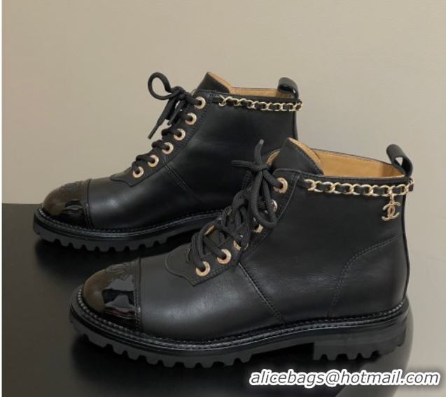 Luxury Cheap Chanel Calfskin and Patent Leather Laced-up Ankle Boots 3.5cm with Chain Black 2025 CH110404 1104033