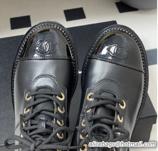 Luxury Cheap Chanel Calfskin and Patent Leather Laced-up Ankle Boots 3.5cm with Chain Black 2025 CH110404 1104033