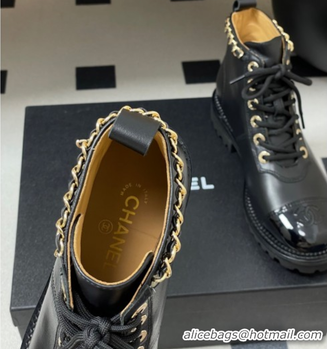 Luxury Cheap Chanel Calfskin and Patent Leather Laced-up Ankle Boots 3.5cm with Chain Black 2025 CH110404 1104033