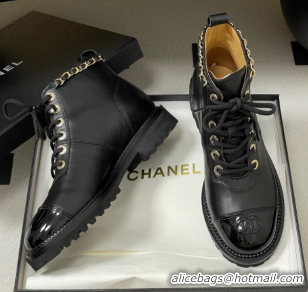 Luxury Cheap Chanel Calfskin and Patent Leather Laced-up Ankle Boots 3.5cm with Chain Black 2025 CH110404 1104033
