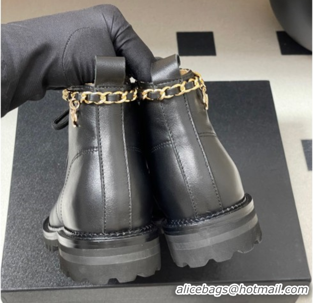 Luxury Cheap Chanel Calfskin and Patent Leather Laced-up Ankle Boots 3.5cm with Chain Black 2025 CH110404 1104033