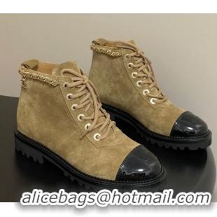 Unique Discount Chanel Suede and Patent Leather Laced-up Ankle Boots 3.5cm with Chain Beige 2025 CH110404 1104034