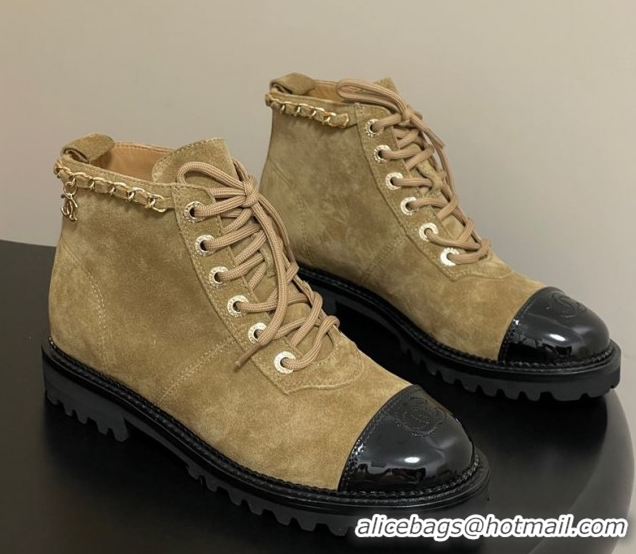 Unique Discount Chanel Suede and Patent Leather Laced-up Ankle Boots 3.5cm with Chain Beige 2025 CH110404 1104034