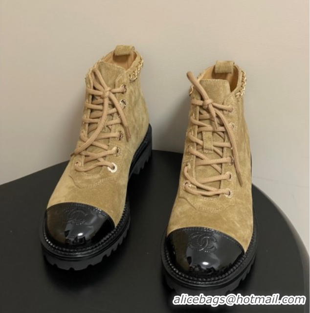 Unique Discount Chanel Suede and Patent Leather Laced-up Ankle Boots 3.5cm with Chain Beige 2025 CH110404 1104034
