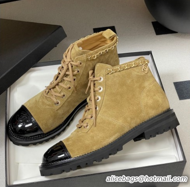 Unique Discount Chanel Suede and Patent Leather Laced-up Ankle Boots 3.5cm with Chain Beige 2025 CH110404 1104034