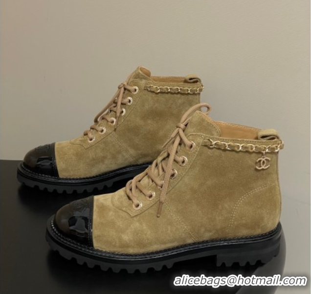 Unique Discount Chanel Suede and Patent Leather Laced-up Ankle Boots 3.5cm with Chain Beige 2025 CH110404 1104034