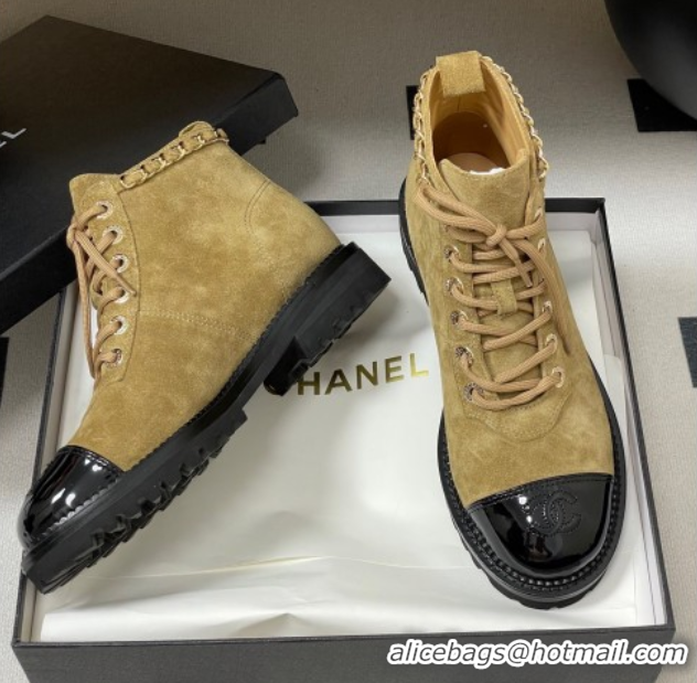 Unique Discount Chanel Suede and Patent Leather Laced-up Ankle Boots 3.5cm with Chain Beige 2025 CH110404 1104034