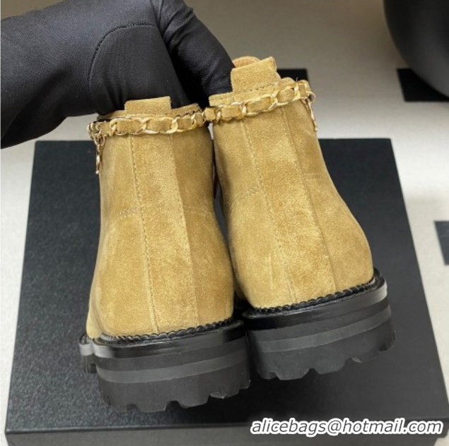Unique Discount Chanel Suede and Patent Leather Laced-up Ankle Boots 3.5cm with Chain Beige 2025 CH110404 1104034