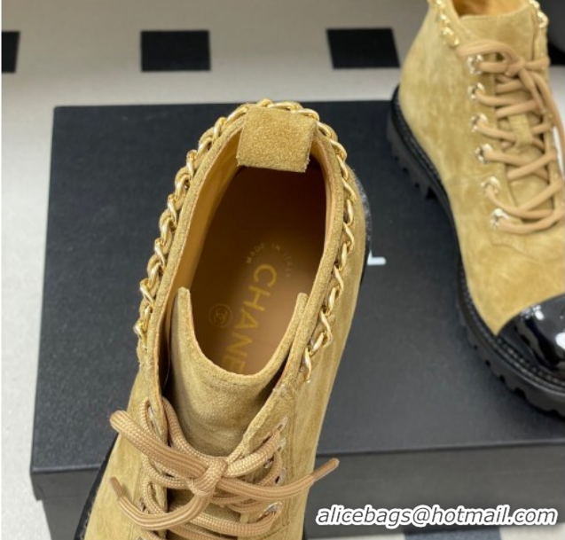 Unique Discount Chanel Suede and Patent Leather Laced-up Ankle Boots 3.5cm with Chain Beige 2025 CH110404 1104034