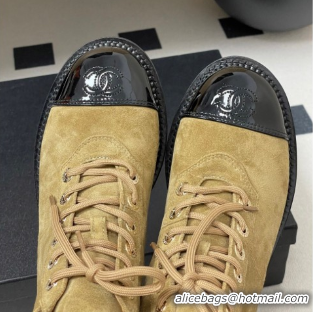 Unique Discount Chanel Suede and Patent Leather Laced-up Ankle Boots 3.5cm with Chain Beige 2025 CH110404 1104034