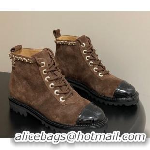 Discount Chanel Suede and Patent Leather Laced-up Ankle Boots 3.5cm with Chain Brown 2025 CH110404 1104035