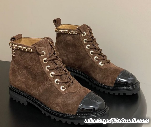 Discount Chanel Suede and Patent Leather Laced-up Ankle Boots 3.5cm with Chain Brown 2025 CH110404 1104035