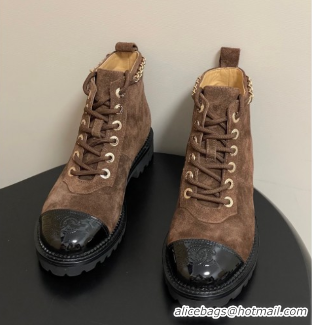 Discount Chanel Suede and Patent Leather Laced-up Ankle Boots 3.5cm with Chain Brown 2025 CH110404 1104035