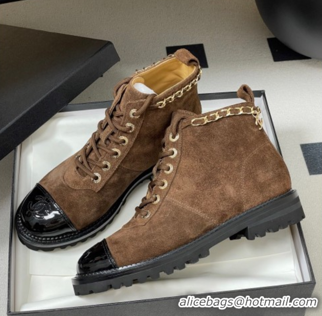 Discount Chanel Suede and Patent Leather Laced-up Ankle Boots 3.5cm with Chain Brown 2025 CH110404 1104035